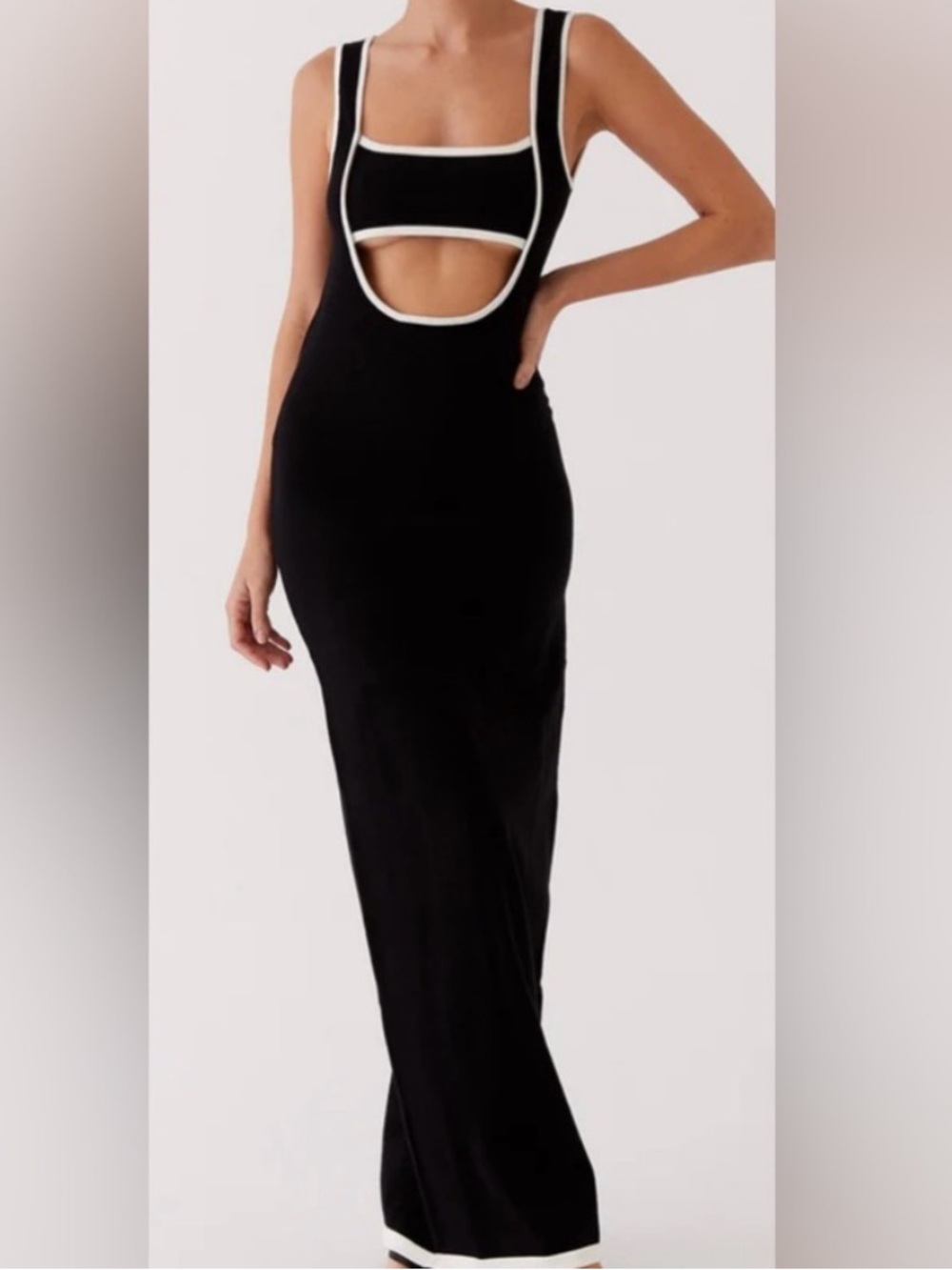 PEPPERMAYO Black Cutout knit Maxi Dress with White Trim
